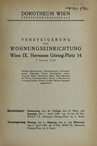 Cover for Versteigerung der Wohnungseinrichtung Wien IX, Hermann Göring-Platz 14