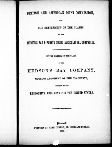 Cover for In the matter of the claim of the Hudson's Bay Company