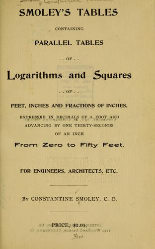 Cover for Smoley's tables; containing parallel tables of logarithms and squares of feet, inches, and fractions of inches