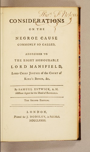 Cover for Considerations on the negroe cause commonly so called