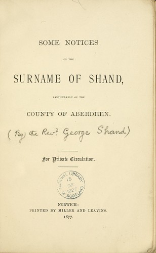 Cover for Some notices of the surname of Shand, particularly of the County of Aberdeen
