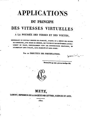 Cover for Applications du principe des vitesses virtuelles à la poussée des terres et ...