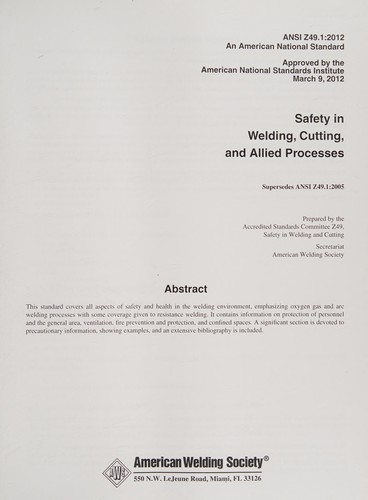 Cover for ANSI Z49. 1-2012, Safety in Welding, Cutting, and Allied Processes