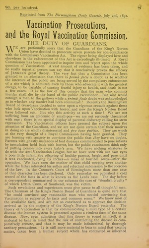 Cover for Vaccination prosecutions, and the Royal Vaccination Commission