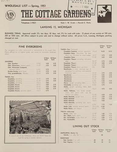 Cover for Wholesale list, spring 1951
