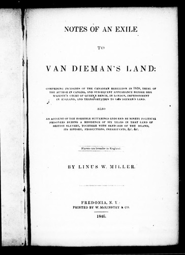 Cover for Notes of an exile to Van Dieman's Land