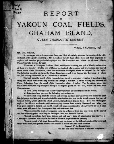 Cover for Report on Yakoun coal fields, Graham Island, Queen Charlotte District