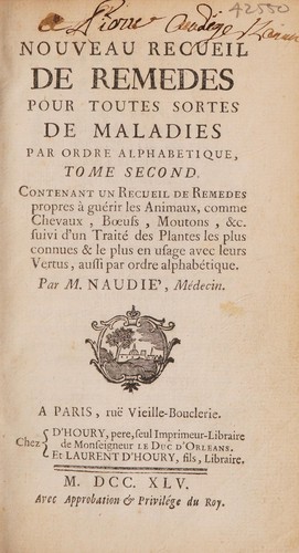Cover for Nouveau recueil de remedes pour toutes sortes de maladies par ordre alphabetique ... Contenant un recueil de remedes propres à guérir les animaux ... suivi d'un traité des plantes les plus connues et les plus en usage