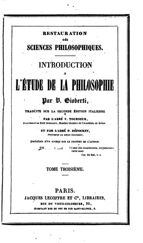 Cover for Restauration des sciences philosophiques: Introduction à l'étude de la philosophie ...