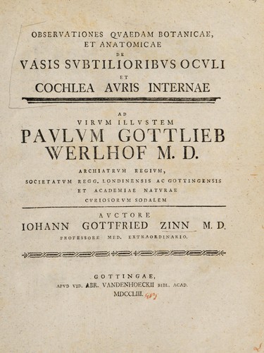 Cover for Observationes quaedam botanicae et anatomicae de vasis subtilioribus oculi et cochlea auris internae