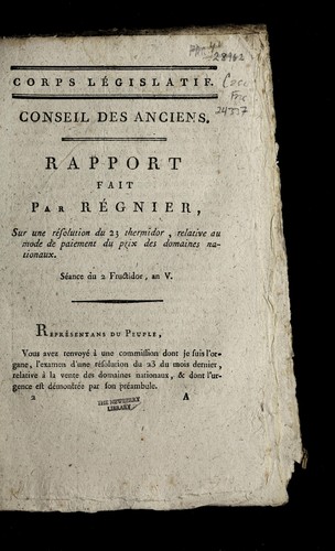 Cover for Rapport fait par Re gnier, sur une re solution du 23 thermidor, relative au mode de paiement du prix des domaines nationaux