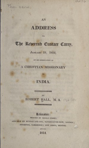 Cover for An address to the Reverend Eustace Carey, January 19, 1814, on his designation as a Christian missionary to India