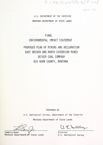Cover for Final environmental impact statement, proposed plan of mining and reclamation, East Decker and North Extension mines, Decker Coal Company, Big Horn County, Montana