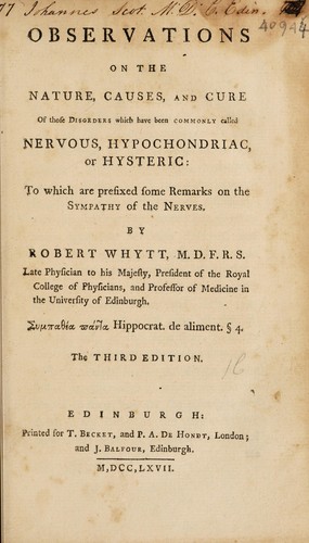 Cover for Observations on the nature, causes, and cure, of those disorders, which have been commonly called nervous, hypochondriac, or hysteric. To which are prefixed, some remarks on the sympathy of the nerves