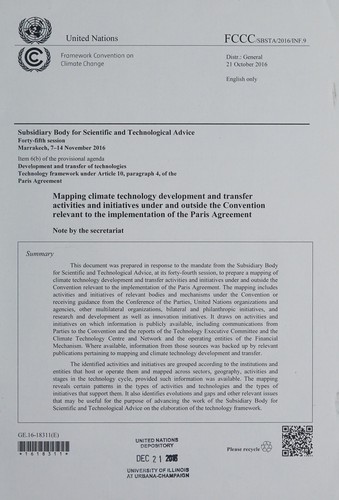 Cover for Mapping climate technology development and transfer activities and initiatives under and outside the Convention relevant to the implementation of the Paris Agreement