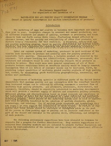 Cover for Preliminary suggestions for organization and operation of a nation-wide egg and poultry quality conservation program (based on quality conservation and uniform identification of products)
