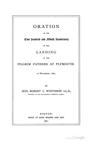 Cover for Oration on the two hundred and fiftieth anniversary of the landing of the Pilgrim fathers at Plymouth.