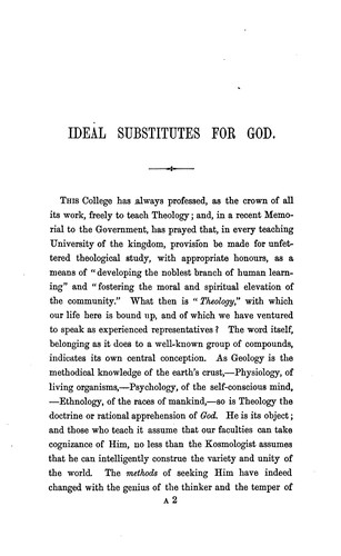 Cover for Ideal Substitutes for God: Considered in an Opening Lecture at Manchester New College, London ...