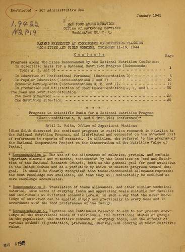 Cover for Papers presented at conference of Nutrition Planning Committee and field workers, December 11-15, 1944