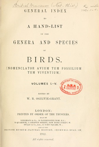 Cover for General index to A hand-list of the genera and species of birds