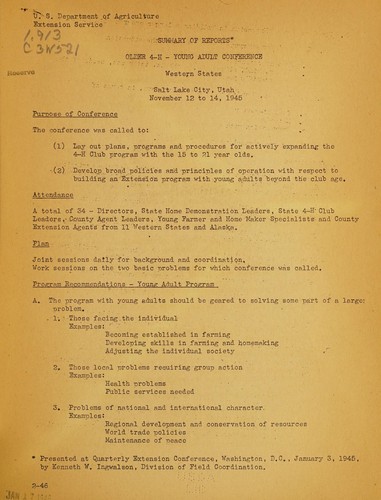 Cover for Summary of reports, older 4-H-young adult conference, western states, Salt Lake City, Utah, November 12 to 14, 1945