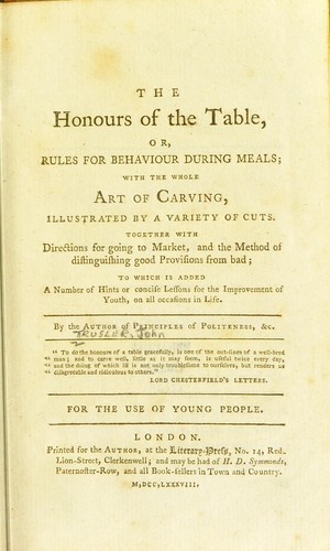 Cover for The honours of the table, or, Rules for behaviour during meals
