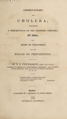 Cover for Observations on cholera; comprising a description of the epidemic cholera of India, the mode of treatment, and the means of prevention