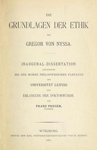 Cover for Die grundlagen der ethik bei Gregor von Nyssa