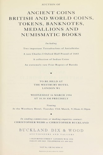 Cover for Auction of ancient coins, British and world coins, tokens, banknotes, medallions,  and numismatic books, including two important tetradachms of Antialkidas ...