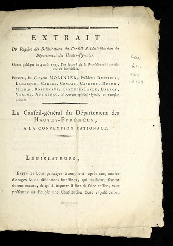 Cover for Extrait du registre des de libe rations