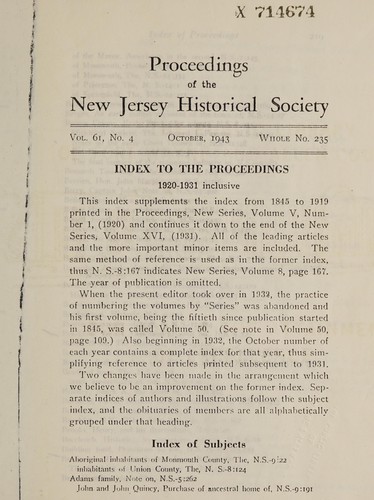 Cover for Index to the Proceedings, 1920-1931 inclusive