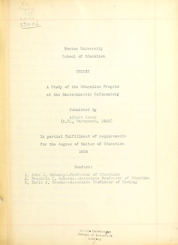 Cover for Study of the education program at the Massachusetts Reformatory