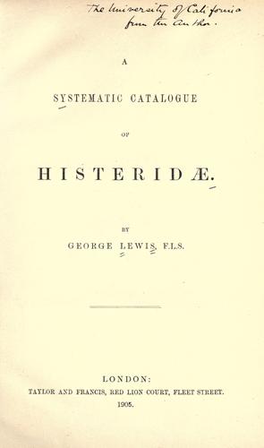 Cover for A systematic catalogue of Histeridae.