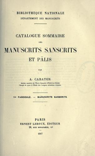Cover for Catalogue sommaire des manuscrits sanscrits et plis