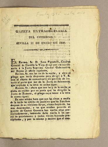 Cover for Gazeta extraordinaria del gobierno. Sevilla 11 de enero de 1809