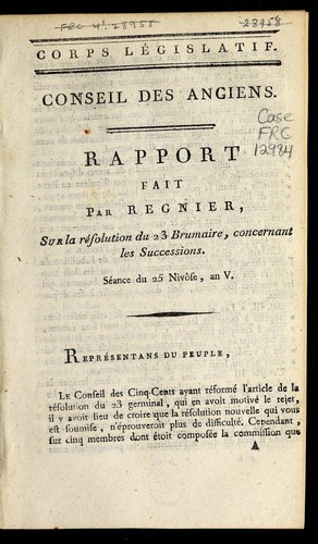 Cover for Rapport fait par Regnier sur la re solution du 23 brumaire, concernant les successions