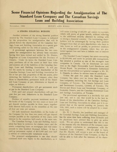 Cover for Some financial opinions regarding the amalgamation of the Standard  Loan Company and the Canadian Savings, Loan and Building Association