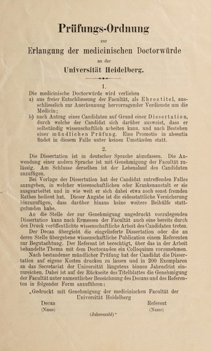 Cover for Prüfungs-Ordnung zur Erlangung der medicinischen Doctorwürde an der Universität Heidelberg