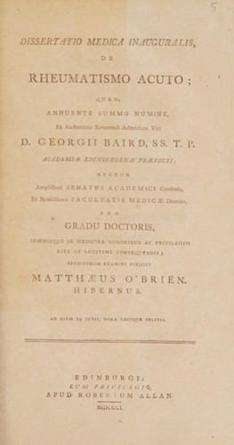 Cover for Dissertatio medica inauguralis, de rheumatismo acuto ...
