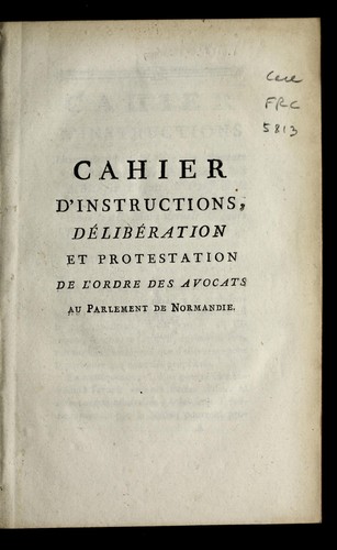 Cover for Cahier d'instructions, de libe ration et protestation