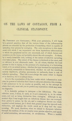 Cover for On the laws of contagion, from a clinical standpoint