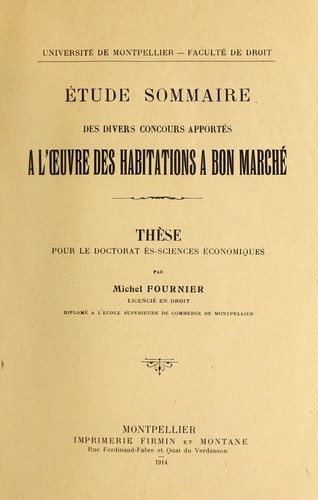 Cover for Étude sommaire des divers concours apportés a l'oeuvre des habitations a bon marché