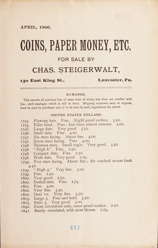 Cover for Coins, paper money, etc. [Fixed price list, April 1906]