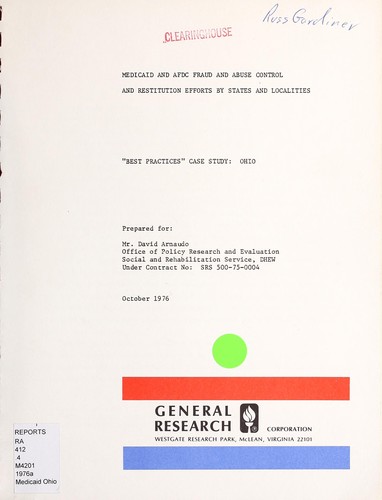 Cover for Medicaid and AFDC fraud and abuse control and restitution efforts by states and localities