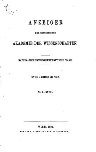 Cover for Anzeiger Der Kaiserlichen Akademie Der Wissenschaften, Mathematisch-Naturwissenschaftliche Classe