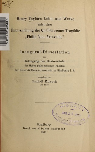 Cover for Henry Taylor's Leben und Werke nebst einer Untersuchung der Quellen seiner Tragödie, Philip Van Artevelde