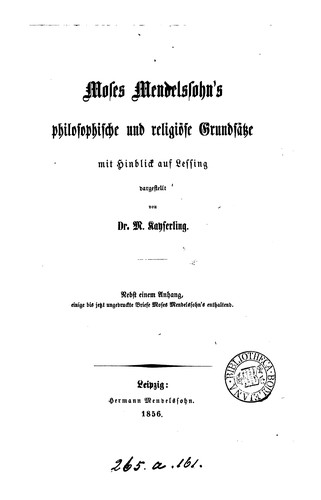 Cover for Moses Mendelssohn's philosophische und religiöse Grundsätze, mit Hinblick auf Lessing. Nebst ...