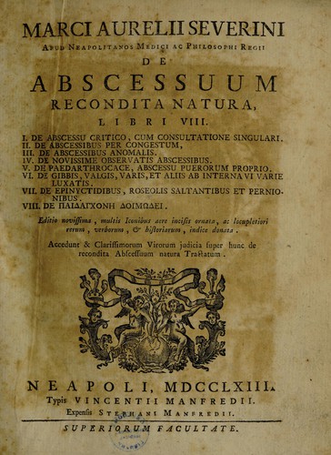Cover for De abscessuum recondita natura, libri VIII ...