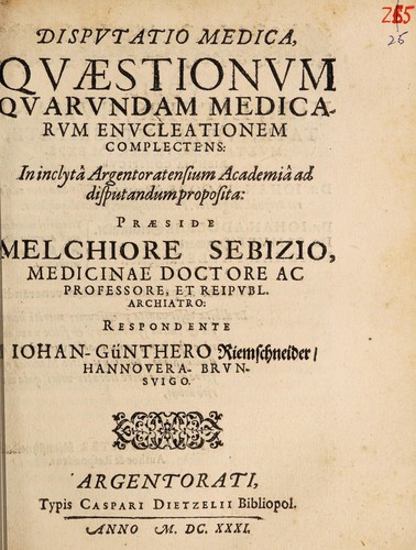 Cover for Disputatio medica, quaestionum quarundam medicarum enucleationem complectens ...