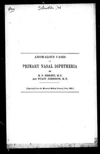 Cover for Anomalous cases of primary nasal diphtheria